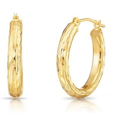 14K Real Solid Gold Full Diamond-Cut Chunky Oval Creole Hoop Earrings All Sizes
