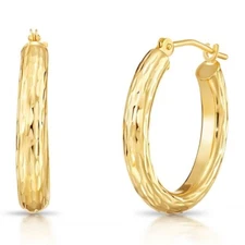 14K Real Solid Gold Full Diamond-Cut Chunky Oval Creole Hoop Earrings All Sizes