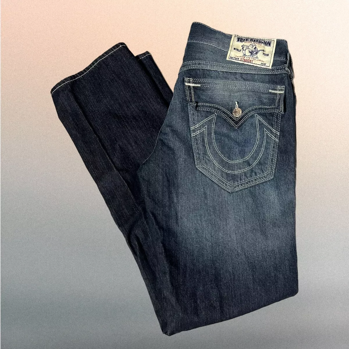 True Religion Jeans Mens 34 Straight Flap 34x34 Dark Wash White Trim