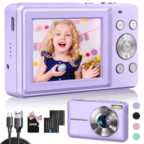 Digital Camera, FHD 1080P 44MP Kids Camera with 32GB Card, 2 Batteries, Lanyard - Photo 1 sur 42