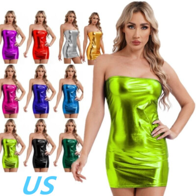 Women Shiny Metallic Strapless Dress Sexy Club Party Bodycon Dress Clubwear