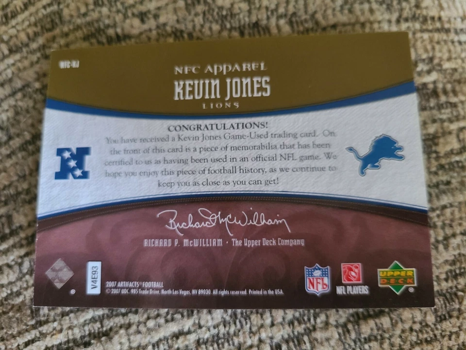 Kevin Jones 2007 Upperdeck Artifacts NFC Apparel Gold Football Card /99 NFC-KJ - Image 2 of 3