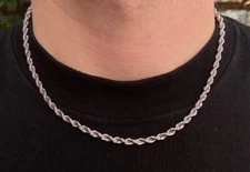 Solid Metal 925 Silver Men's 4mm - 20" Twisted Rope Chain 14k White Gold Plated