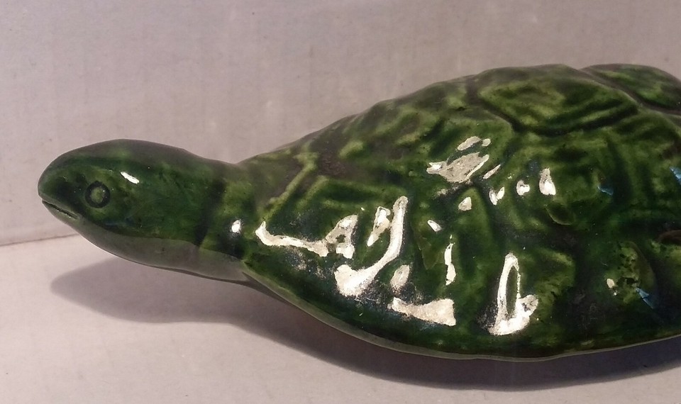 Small Green Turtle Ceramic Glazed DDR Arts and Crafts Shadow Box