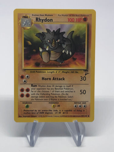 Rhydon  59/130 - Uncommon - Vintage English Base Set 2 Pokemon Card - NM & LP - Afbeelding 1 van 6