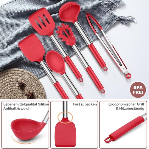Küchenhelfer Set 6-teilig Kochutensilien Geschirr Silikon Antihaft Rot B542 - Bild 2 von 6