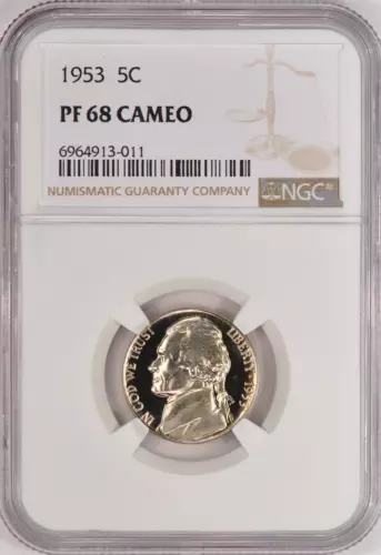 1953 Jefferson Nickel Proof NGC PF 68 CAMEO PR68CAM Frosty Coin 5C