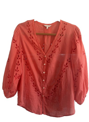 LUCKY BRAND Heather Rose Eyelet Button Down Cotton Peasant Top Sz Large