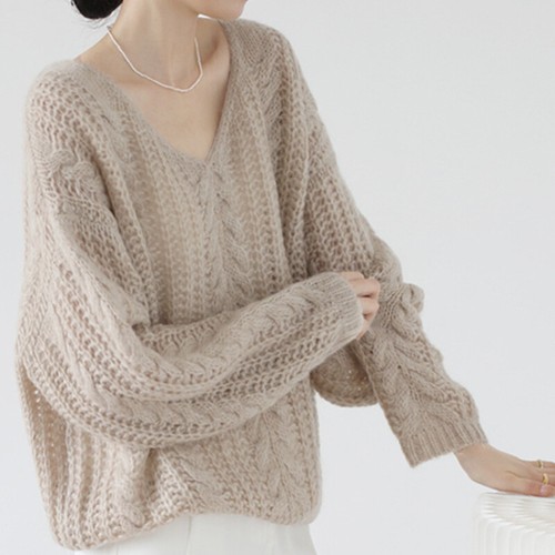 Pullover Top V-neck Soft Women Twist Hollow Out Faux Mohair Knitted Sweater - Picture 10 of 11