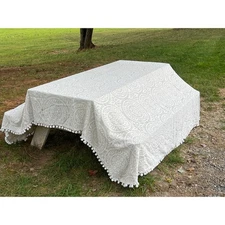 Vintage Jacquard Medallion Queen Bedspread Coverlet Woven Cotton Ball Fringe