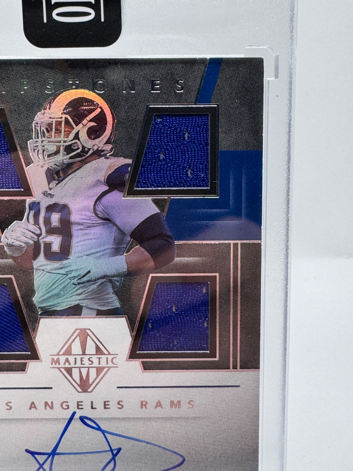 2019 Majestic Aaron Donald Capstones Quad Patch On‑Card Auto Game‑Worn /75 Rams view 5