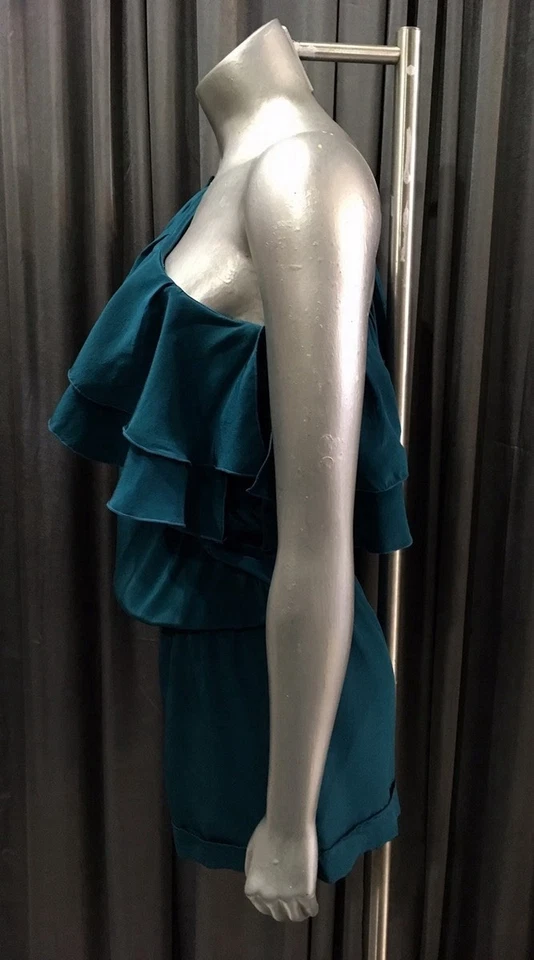 KARINA GRIMALDI INTERMIX Silk Teal Ruffle One Shoulder Shorts Romper S - Imagem 3 de 3