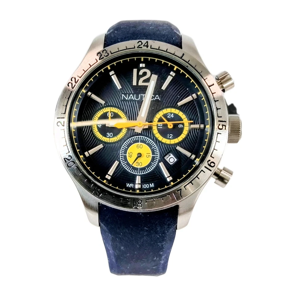 Reloj cronógrafo Nautica 44 mm para hombre. Correa azul oscuro con detalles amarillos y esfera azul NOS Foto 3 de 4