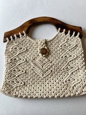 Macrame Purse Handbag Wood Handle Button Closure Boho Hippie Woven Ivory Cream