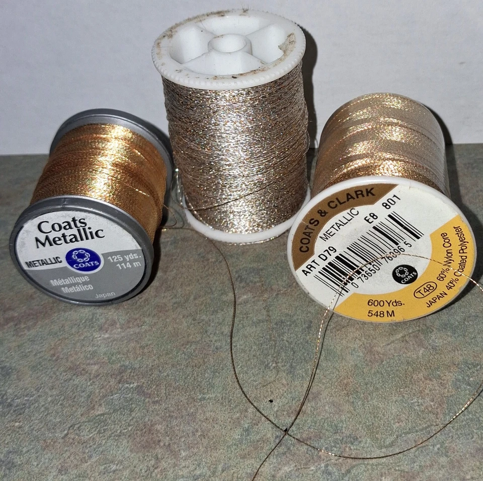 Lot of 3 Metallic Threads, 2 Gold 1 Silver Spools Mostly Full - Image 4 of 4
