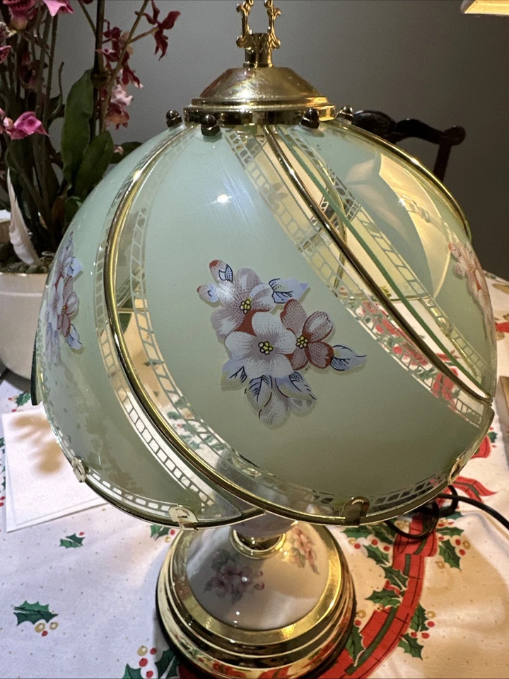 Vintage Brass Tone Lamp Set w/ Floral Glass Panels 3-Way Touch Tested/Works! 15” - Image 2 of 4