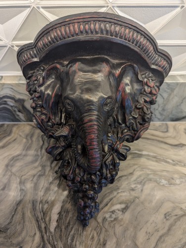 Elephant Head Wall Shelf Safari Lodge Faux Carv Wood British Colonial, Hemingway