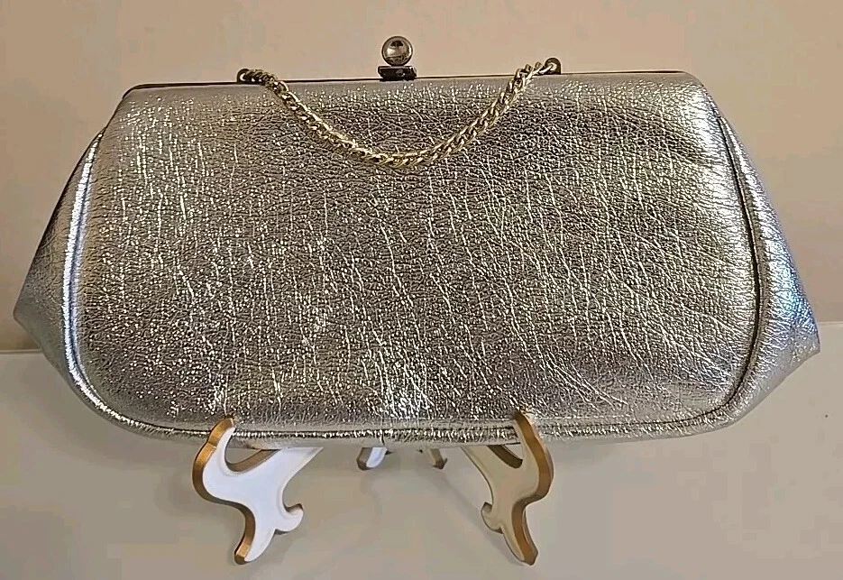 Metallic Silver Faux Leather Clutch Evening Bag Vintage 12" - Image 3 of 4