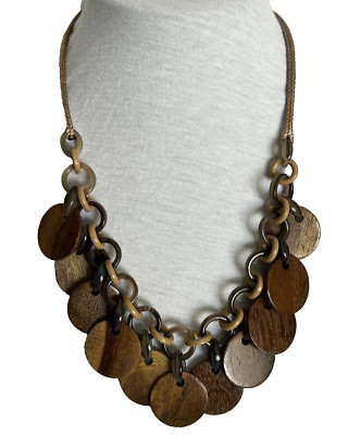 Brown Multi Wood Disc Boho Statement Tribal primitive Bib Ethnic Necklace