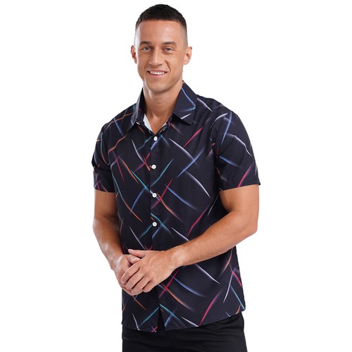 Mens Colorful Striped Casual Short Sleeve Button Down Vacation Holiday Tops - Picture 7 of 77