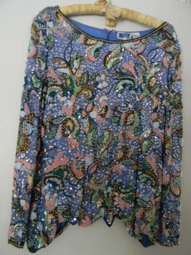 Vintage 1970 Blouse Beaded Sequin Silk Womens Lg Blue Top