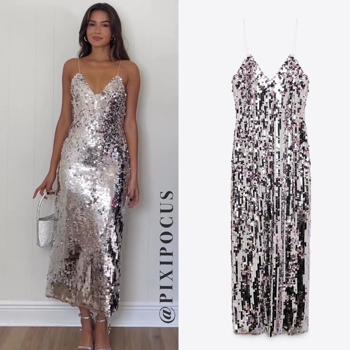 ZARA NEW FW22 SILVER STRAPPY SEQUIN DRESS MIRROR SILVER ZARA NEW FW22 SILVER STRAPPY SEQUIN DRESS MIRROR SILVER