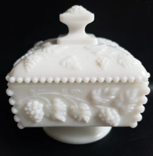Vintage Westmoreland Paneled Grape Milk Glass Beaded Brides Box Candy Dish Lid