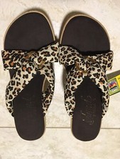 Island Slipper Hawaii Fabric Brown Tan Cheetah Slide Slip on Wedge Sandals 5