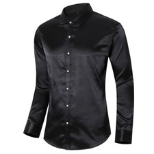 Mens Long Sleeve Silky Satin Shirt Glossy Top Button Up Shiny Formal Office Chic