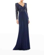 Mac Duggal Midnight Blue V-Neck Long Sleeve Empire Waist Gown Size 8 $498
