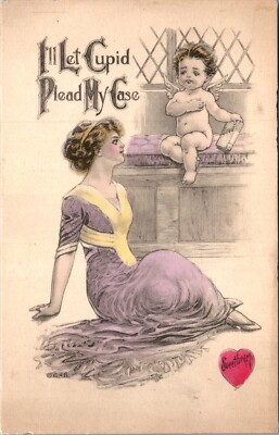 Vintage Valentine Postcard Lady Sits on Floor w/ Cherub Let Cupid Plead My Case
