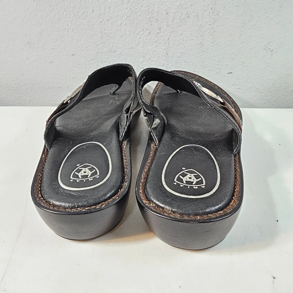 Women's Ariat Thong Sandals Leather Slip On Western Flip Flops Black Size 9 - Image 4 of 4