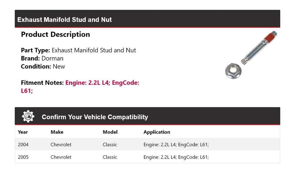 Para Chevrolet Classic 2004-2005 2,2 L L4 Dorman colector de escape perno y tuerca Foto 2 de 4