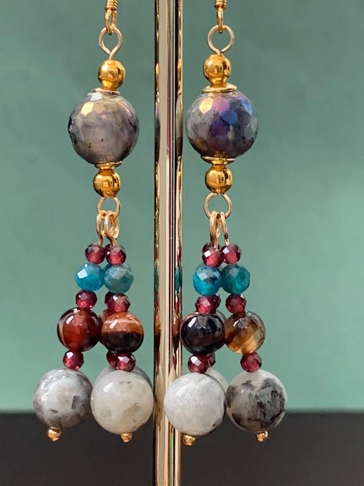 Par de Pendientes Araña Otoño Invierno con Granate, Apatita, Amazonita Foto 2 de 4