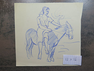 ANTIQUE DRAWING SKETCH PEN ON PAPER FEMALE FIGURE ON MULE BACK P28