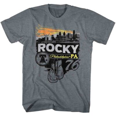 Rocky Movie Gloves Liberty Bell Philadelphia PA 76 Skyline Sunset Men's T Shirt