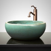 Signature Hardware Qian Hand Glazed Vessel Sink In Mottled Teal on sale Signature Hardware Qian Hand Glazed Vessel Sink In Mottled Teal on sale