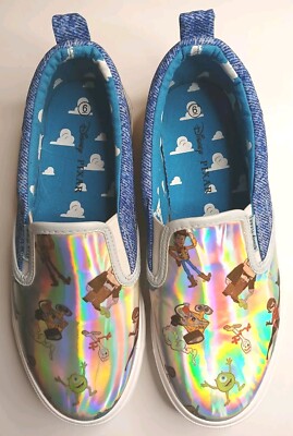 DISNEY PIXAR GrownUp Sz 6 Slip-on Sneaker Shoes Blue Halographic Characters NWOT