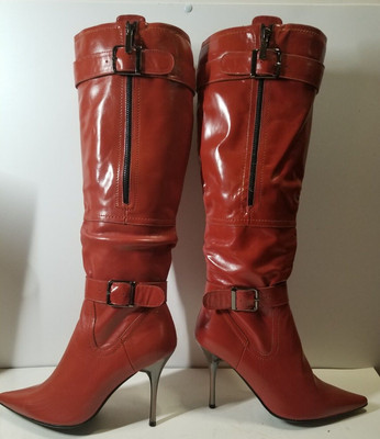 Firenze Woman's Leather Boots Rust/Red Size 6 US/36EU Knee Height Pointed Toe