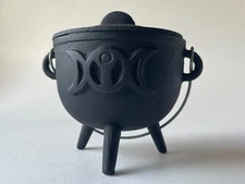 Triple Moon Cast Iron Cauldron with Lid, Perfect for Smudging & Ritual