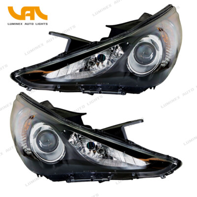 For 2011-2014 Hyundai Sonata Black Halogen Headlights Headlamp Pair Replacement
