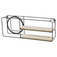 Wide Wooden Wall Hanging Storage Shelves Rack Round Mirror Decor Vanity Unit Set