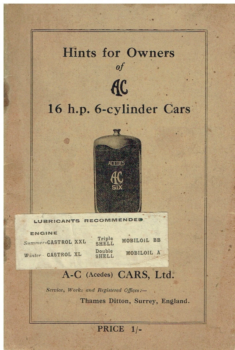 AC 16hp SIX MODEL R21 R21A 1927- ORIG OWNERS INSTRUCTION & MAINTENANCE HANDBOOK