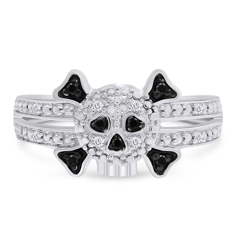 Black White Real Diamond Skull Ring 14K White Gold Plated 925