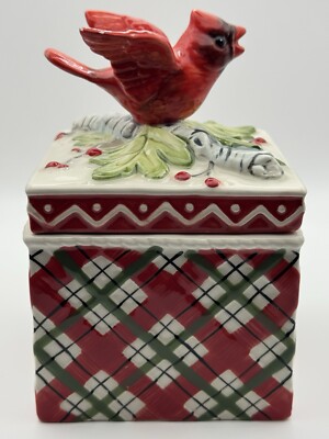 FITZ AND FLOYD Christmas ''Winterberry'' Plaid W/Cardinal Lidded Trinket Box