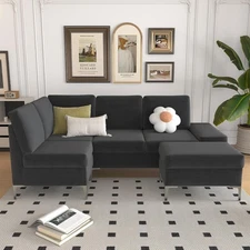 Sectional Couch with Ottoman, Convertible Corner Couches with Armrest Storage