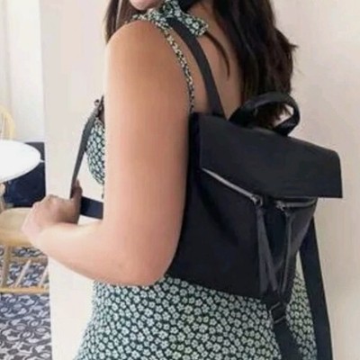 Botkier New York Black Nylon Faux Leather Flap Backpack Tote Convertible Bag New