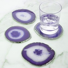 Set of 4 Agate Stone Coasters - Gold or Silver Edge - Drink Cup Mat