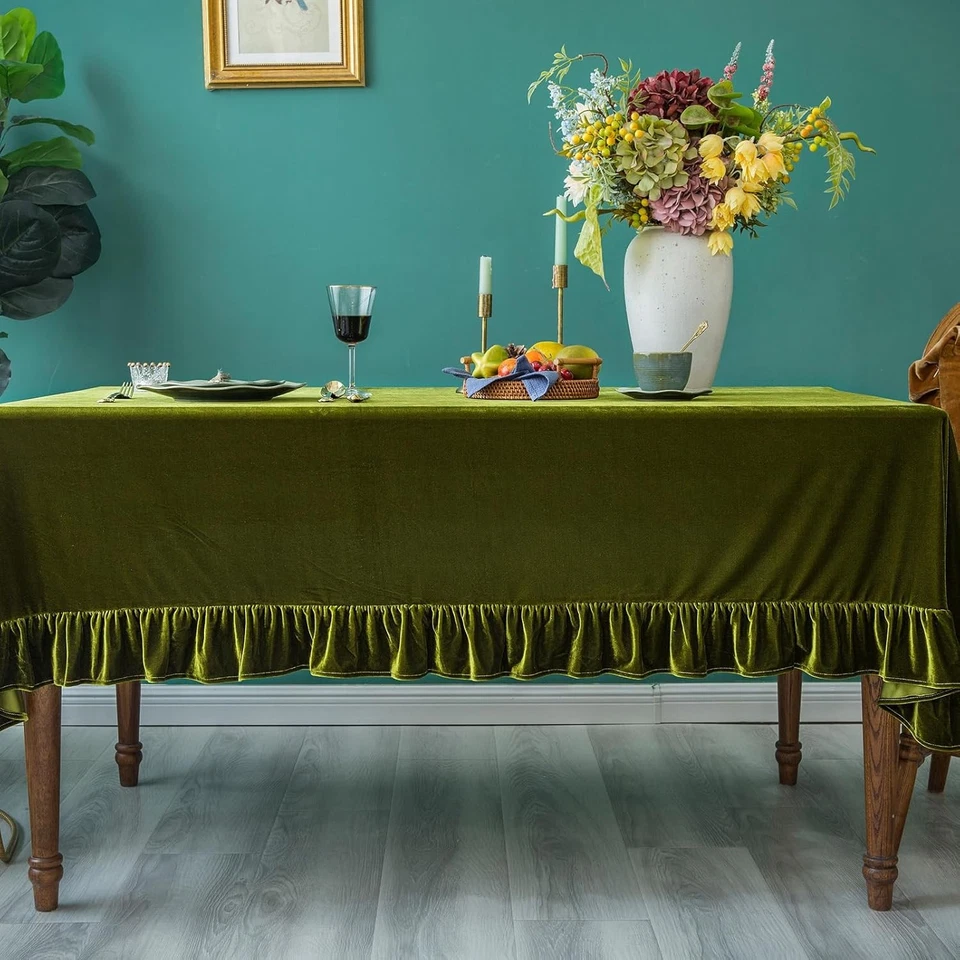 Velvet Tablecloth Luxurious 102" x 60" (Rectangular), Olive Green - Image 3 of 4