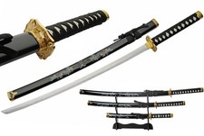 Japanese Katana Samurai Sword Set 3-Pc. Carbon Steel Blade Black + Stand